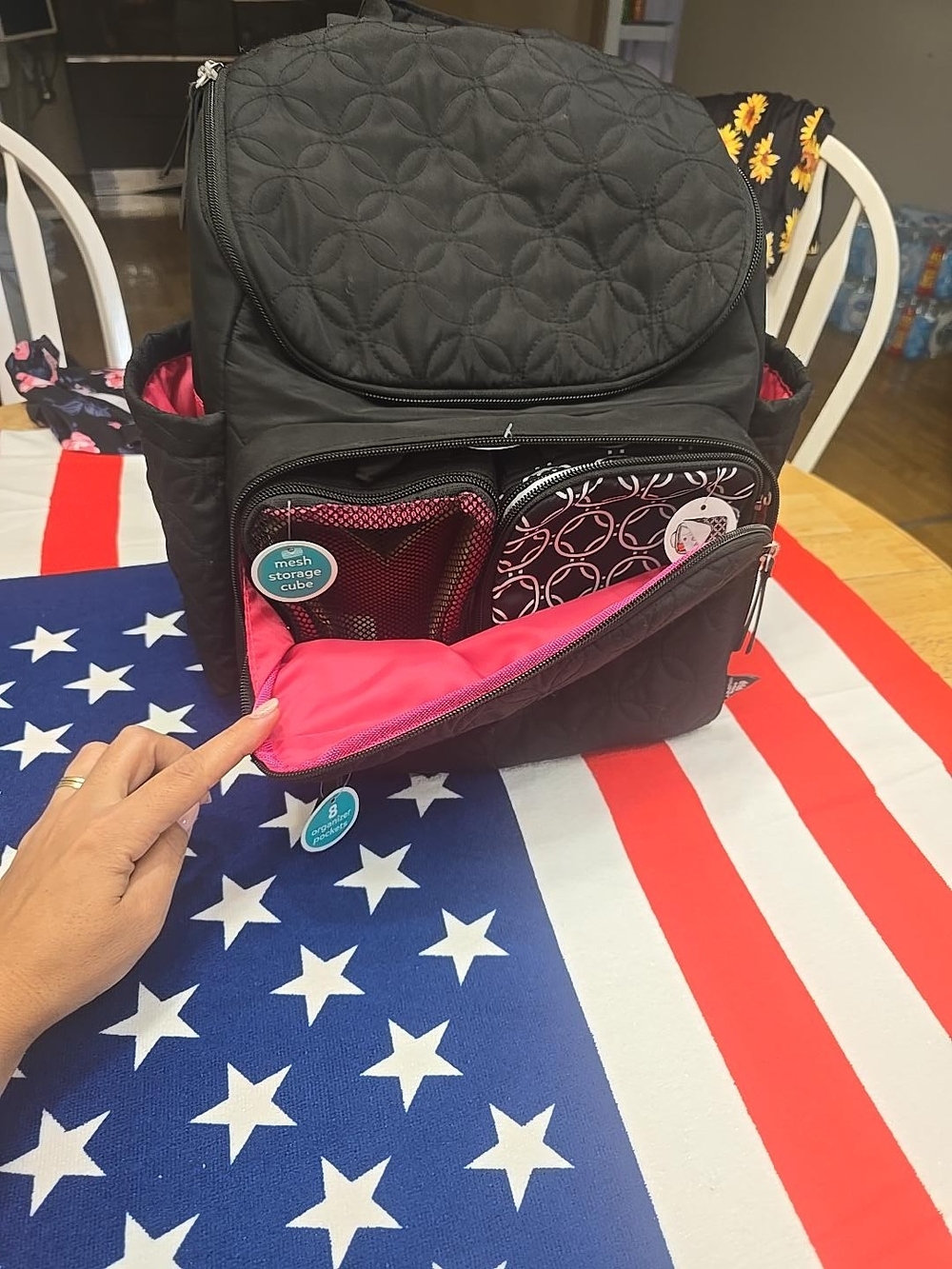 Black Quilted Women's Backpack with Pink Interior